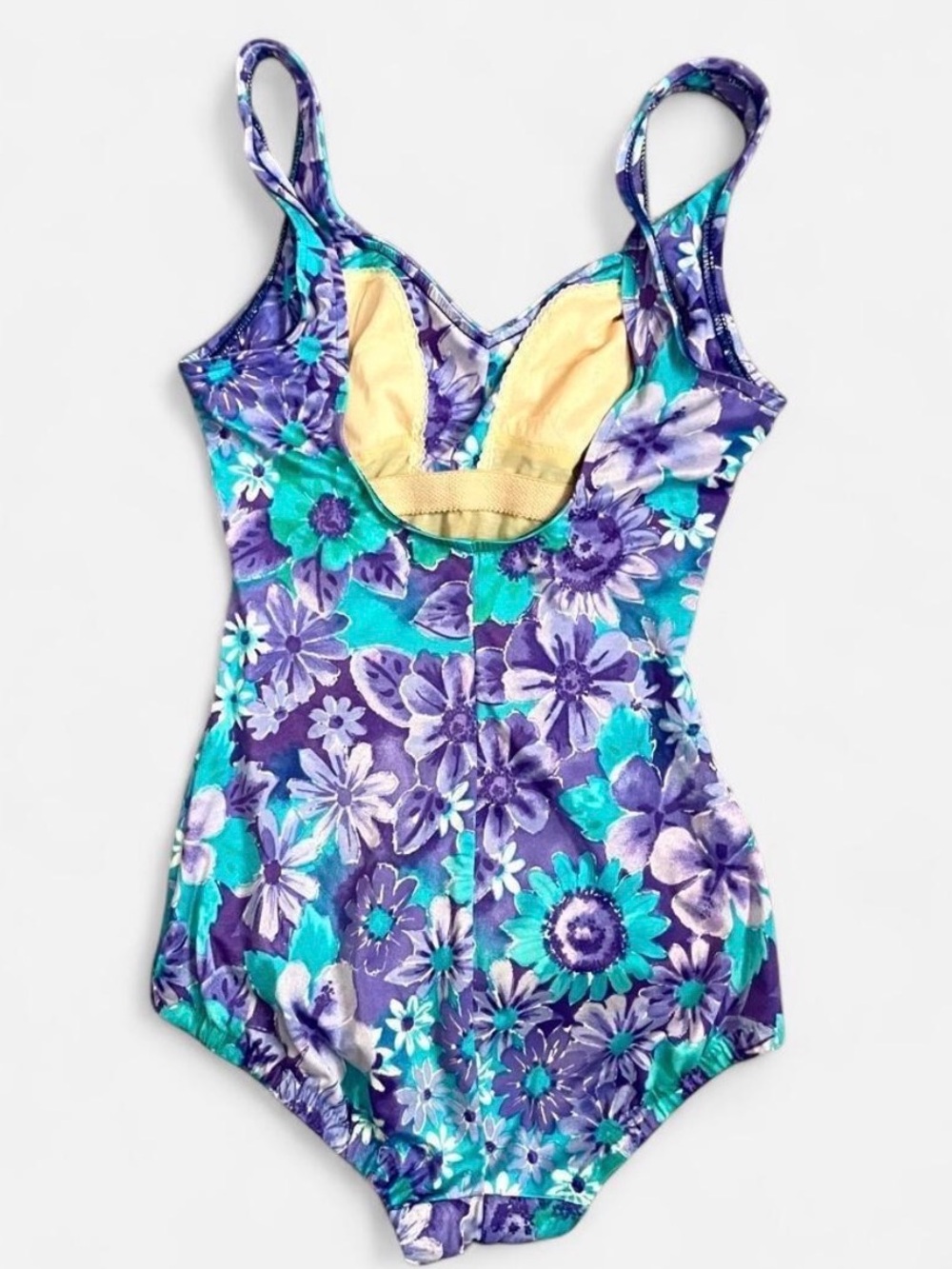 Vintage Le Cove One Piece Swimsuit Size 8 Floral Ruched Purple Teal Blue Retro - Picture 3 of 8